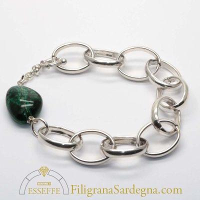 Bracciale d'argento lucido anelli e pietra verde