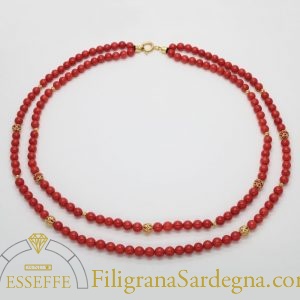 Collana con due fili di corallo rosso Sardegna e filigrana d'oro