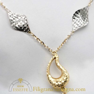 Collana in oro giallo e bianco con doppio pendente