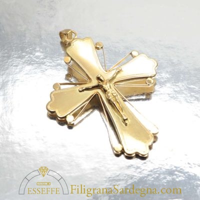 Croce d'oro con Cristo decorata a bulino