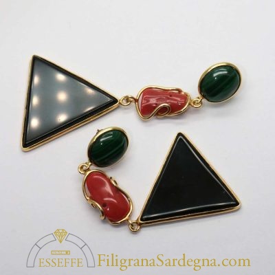 Orecchini argento dorato corallo malachite e onice