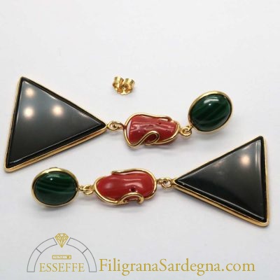 Orecchini argento dorato corallo malachite e onice