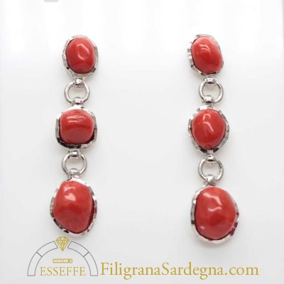 Orecchini pendenti argento lucido e corallo rosso